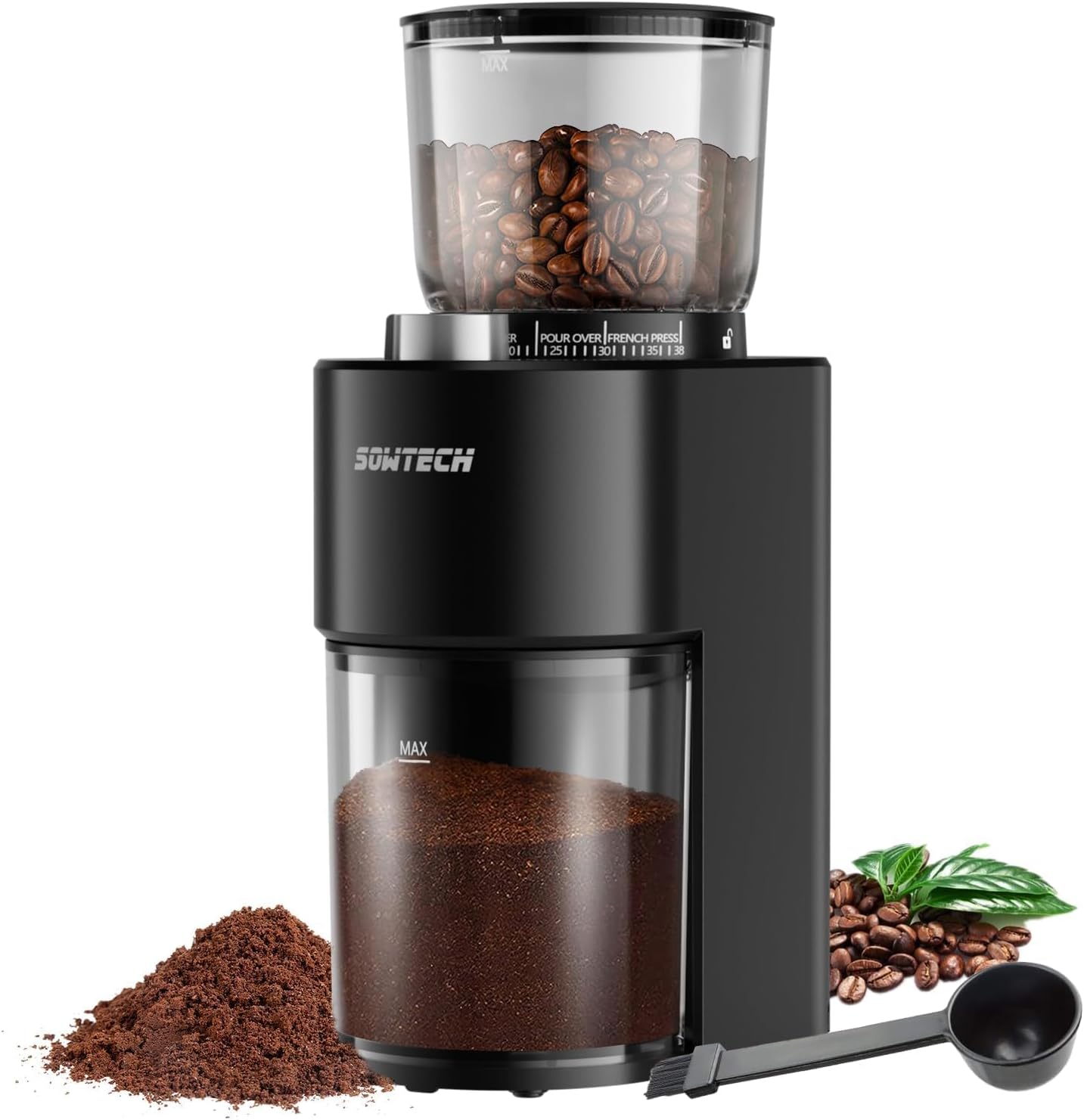 Sowtech Conical Burr Coffee Grinder — 38 Grind Settings, Precision Timer, Black
